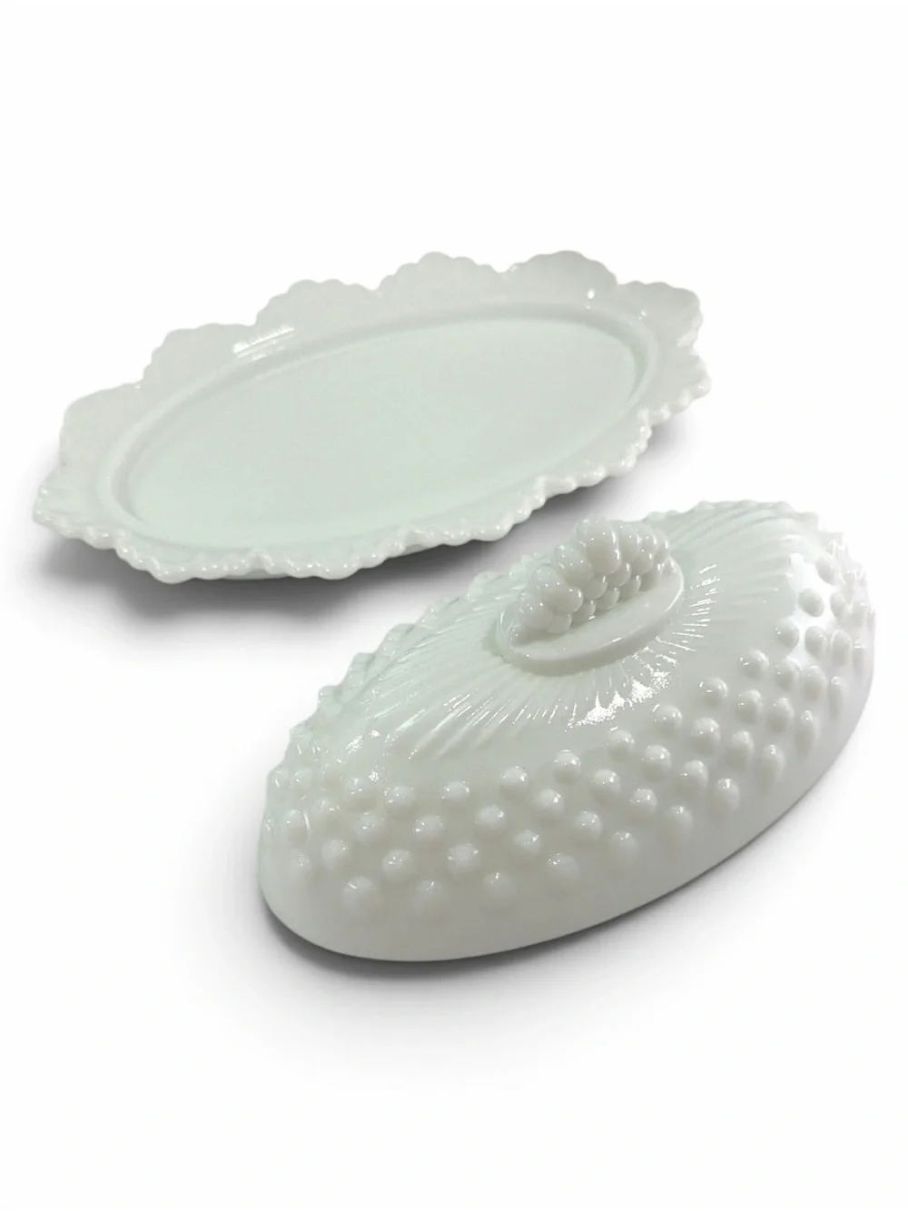 Vintage Fenton White Milk Glass Hobnail Oval Covered Butter Dish
